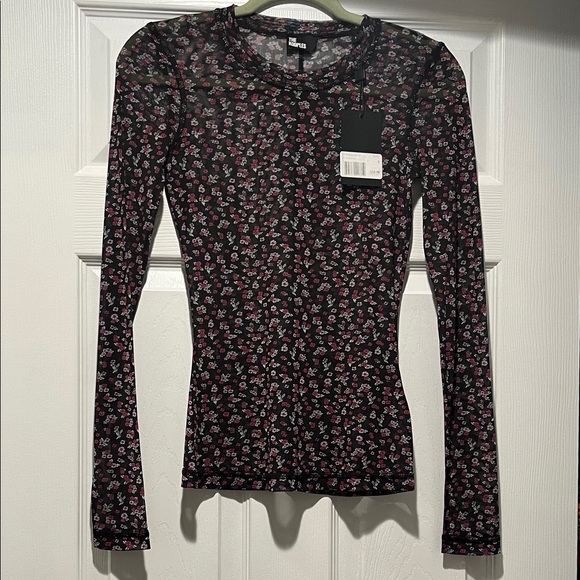 The Kooples Tops - The Kooples Black and Pink Floral Mesh Long Sleeve Top